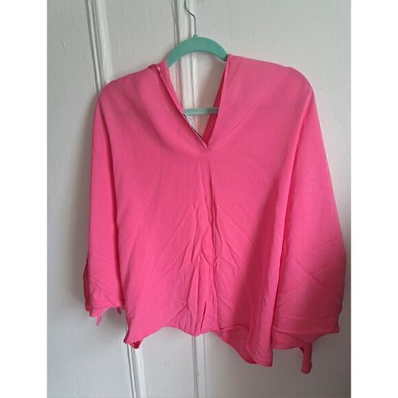 Zara Womens Large Batwing Pink Top Tie Sleeve Blouson - Picture 4 of 6